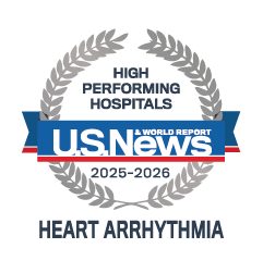 Badge from US News showing the CentraState, Morristown & Overlook medical centers are high performing in heart arrhythmia care.