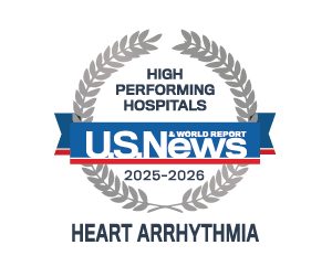 Badge from US News showing the CentraState, Morristown & Overlook medical centers are high performing in heart arrhythmia care.