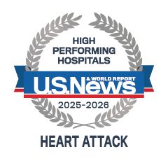 Badge from US News showing Morristown & Overlook medical centers are high performing in heart attack care