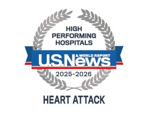 Badge from US News showing Morristown & Overlook medical centers are high performing in heart attack care