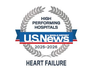 Badge from US News showing Morristown & Overlook medical centers are high performing in heart failure care.