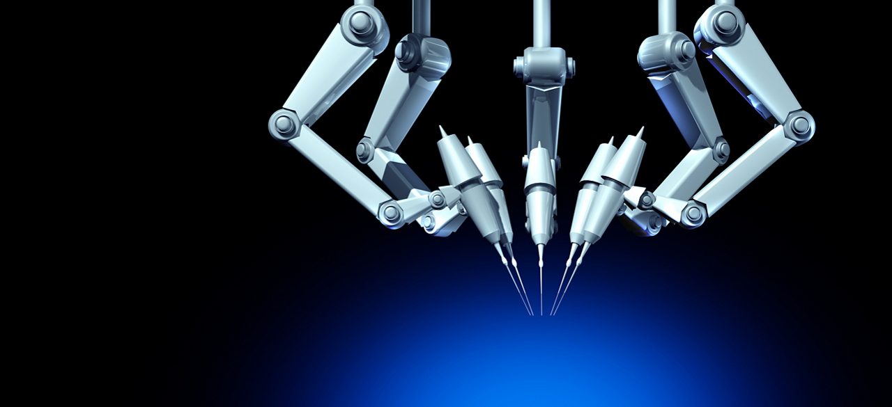 Robot Surgical Operation and Robots Surgery Concept and robotics in healthcare as medical technology using AI as artificial intelligence in medicine as computer guided medical equipment performing a surgical procedure as a futuristic hospital symbol.