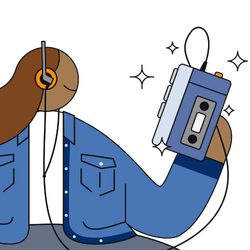 Illustration of a lady listening to a Sony Walkman portable music player.