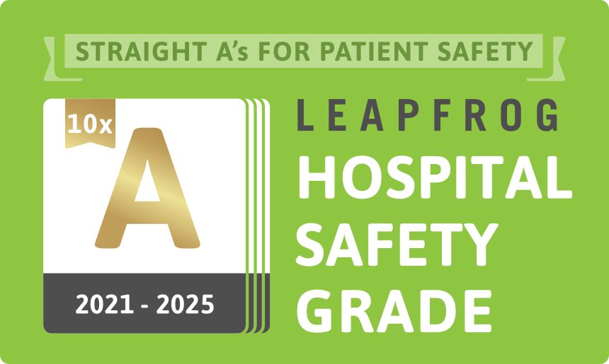 Logo for the Leapfrog hospital safety A grade received by Overlook.