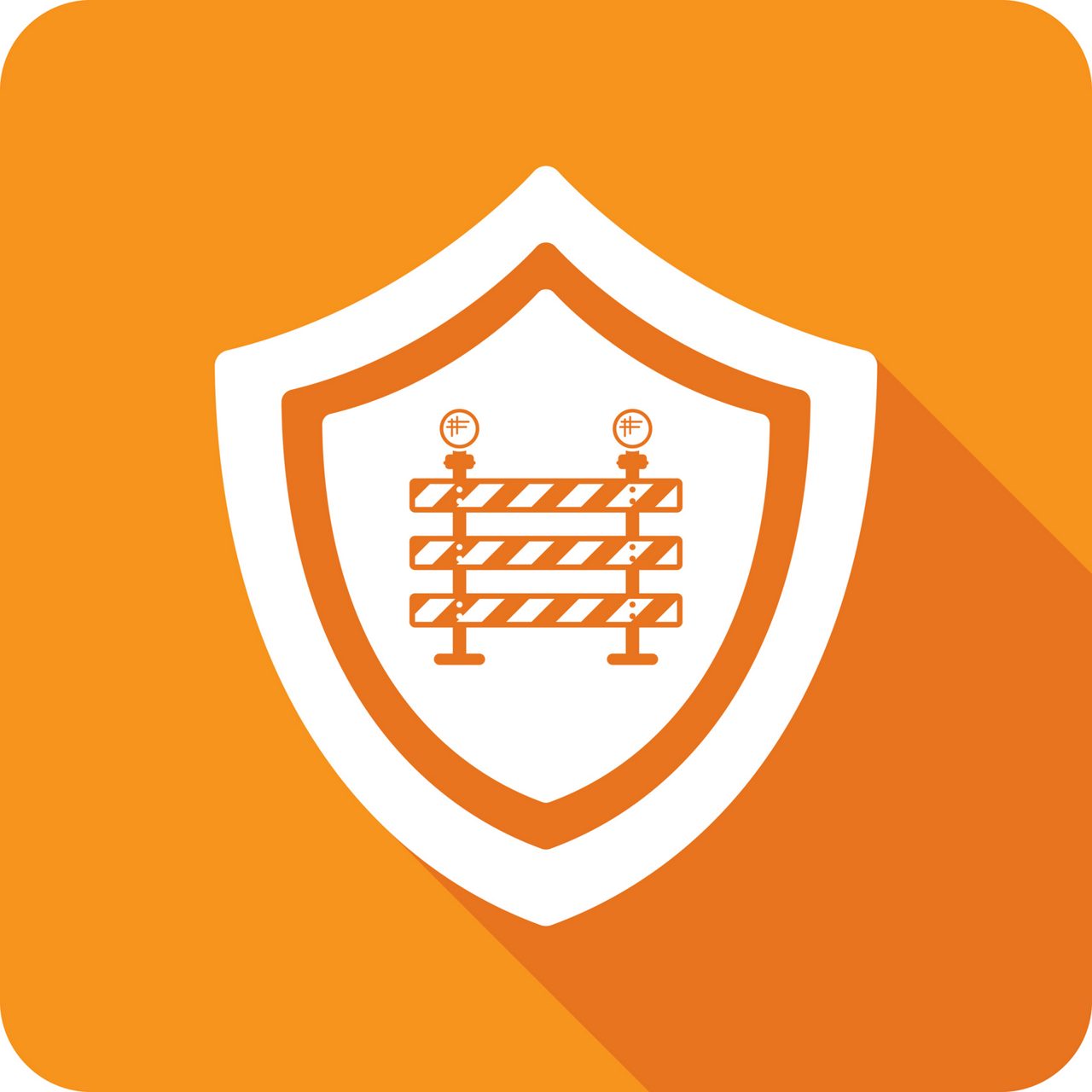 Vector illustration of a shield with road block icon against an orange background in flat style.