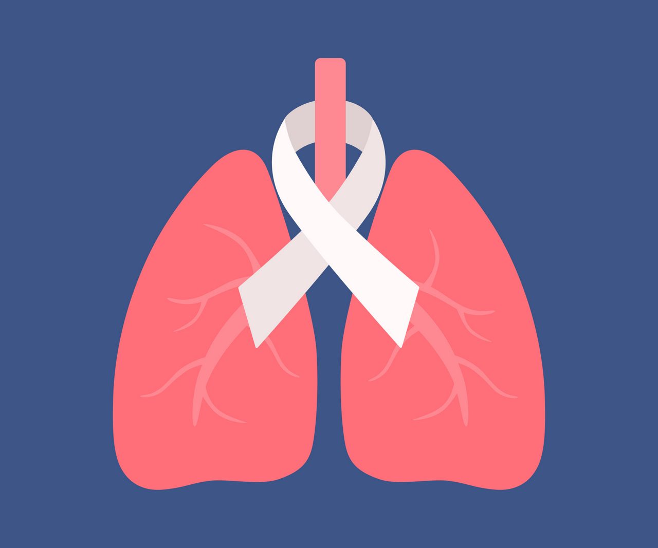 Human Lungs With White Cancer Ribbon. Lung Cancer Awareness Concept